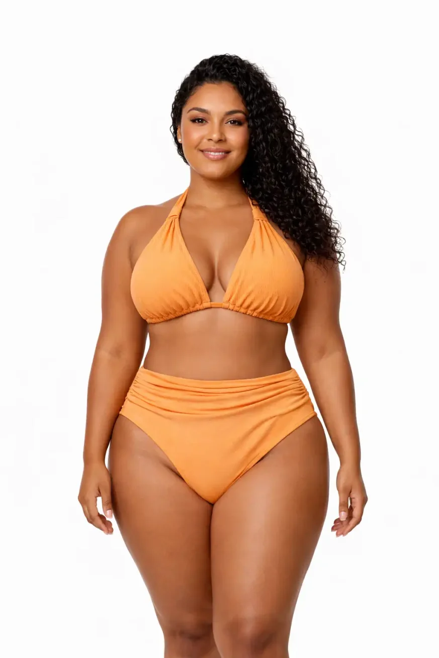 Bikini mujer color papaya diseño completo, modelo de frente