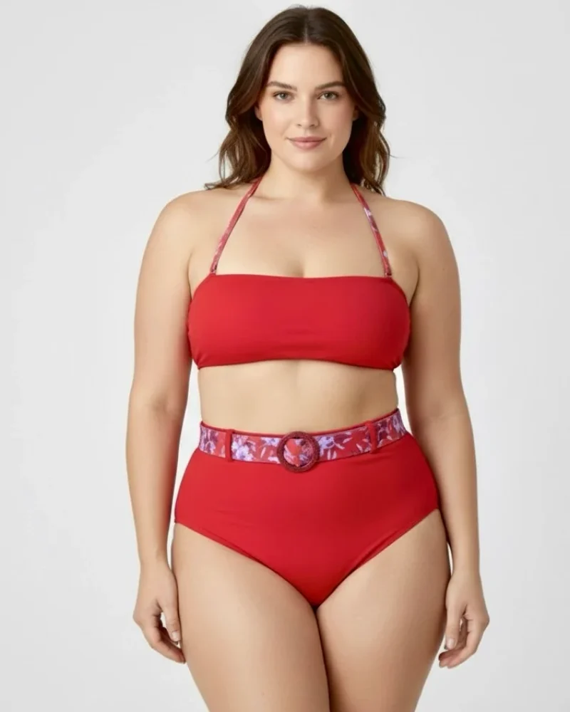 Bikini Bandeau Carmín de Elena Morales, vista detalle.