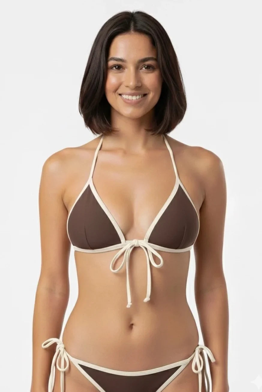 Bikini Huahine Chocolate de Elena Morales, vista frontal.